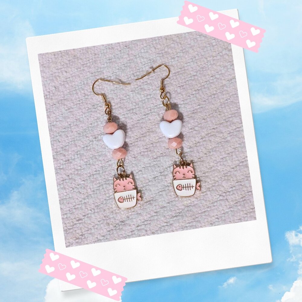 *Supports Animals* Handmade Pink Kitten Heart Earrings [Pawsitive Collection]